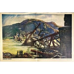 Life Magazine 1946 Print Art "REMAGEN BRIDGE" WWII 2-Page  Print of Painting